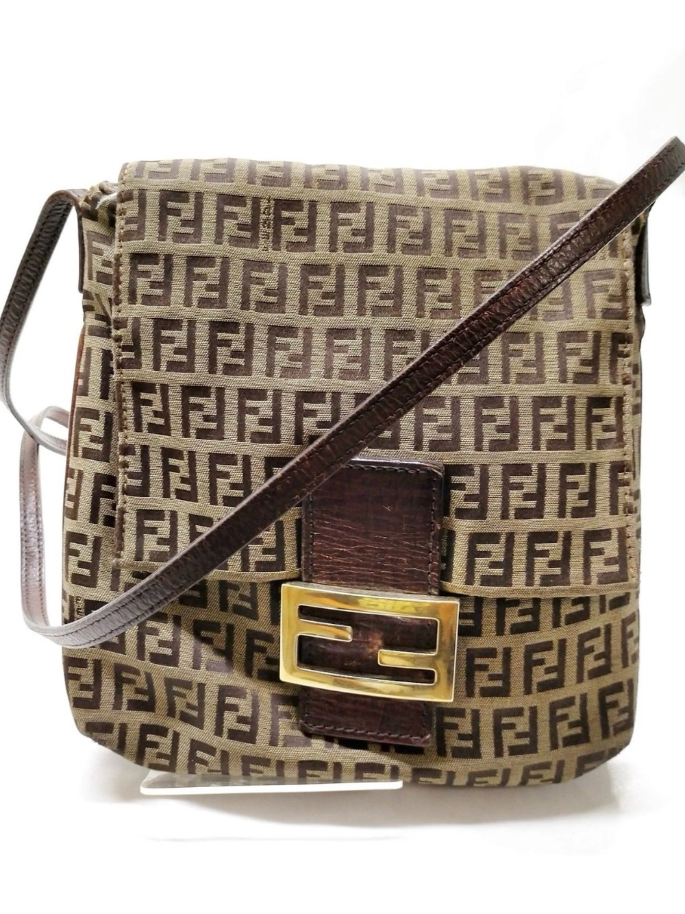 Fendi Brown Monogram Zucca Messenger Bag with Gold Logo Buckle